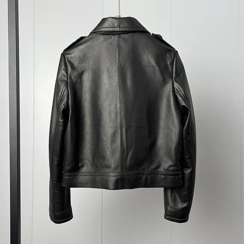 Women's Classic Leather Jackets Fashion Turn Down Collar Full Sleeve Biker Jackets Genuine Sheepskin Coats CL4017