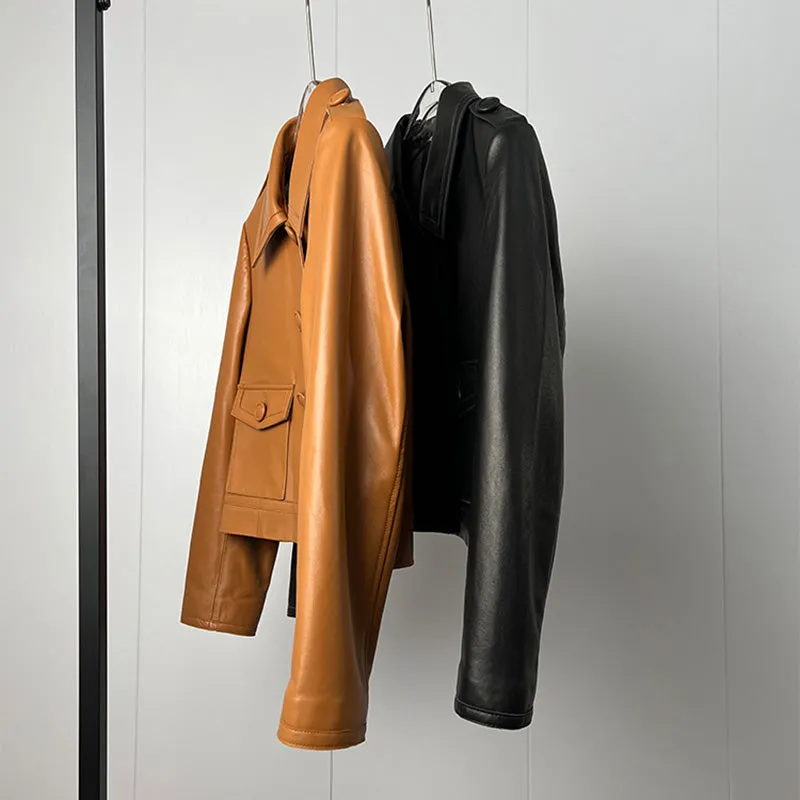Women's Classic Leather Jackets Fashion Turn Down Collar Full Sleeve Biker Jackets Genuine Sheepskin Coats CL4017
