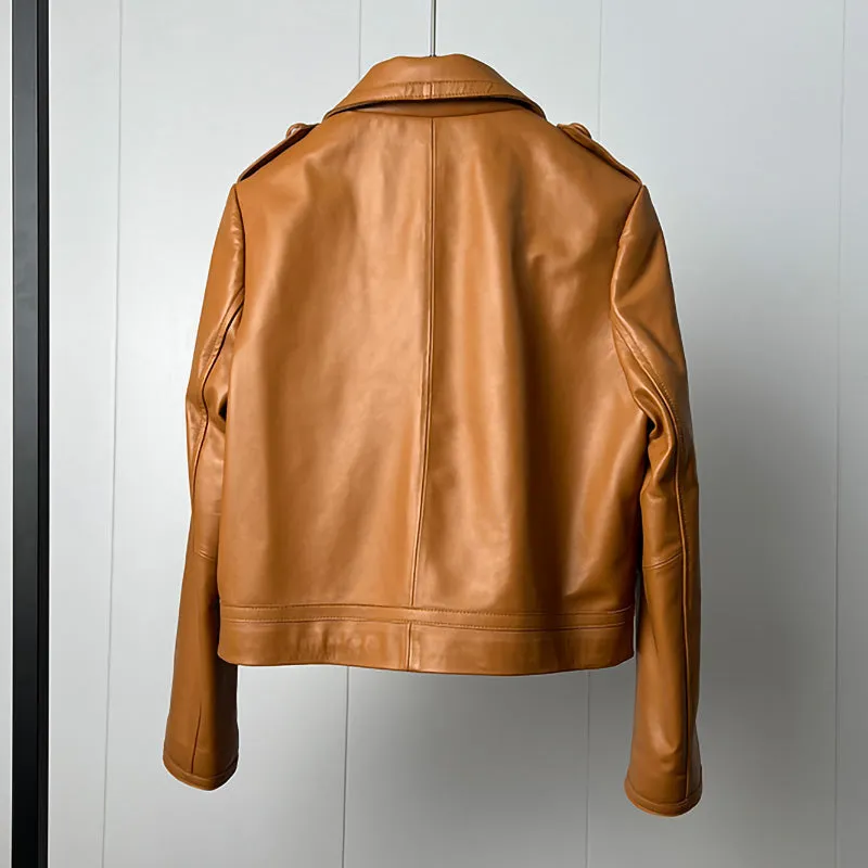 Women's Classic Leather Jackets Fashion Turn Down Collar Full Sleeve Biker Jackets Genuine Sheepskin Coats CL4017