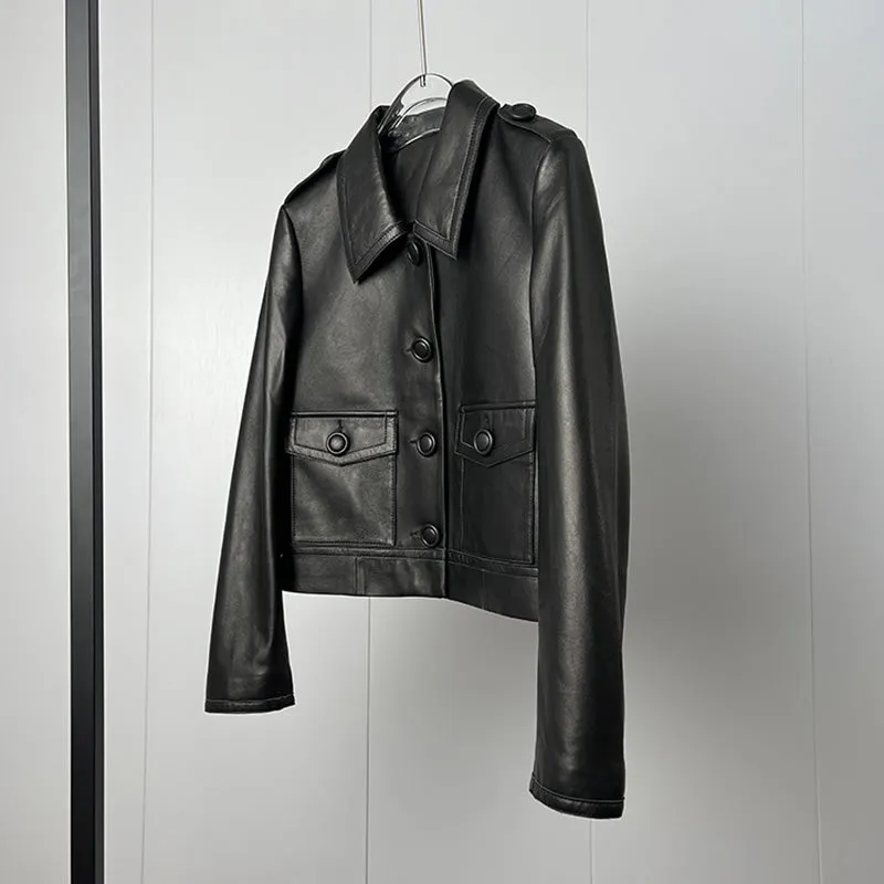 Women's Classic Leather Jackets Fashion Turn Down Collar Full Sleeve Biker Jackets Genuine Sheepskin Coats CL4017