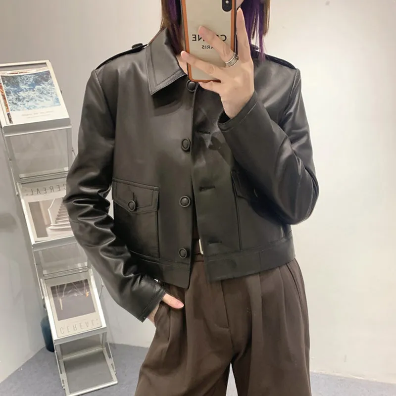 Women's Classic Leather Jackets Fashion Turn Down Collar Full Sleeve Biker Jackets Genuine Sheepskin Coats CL4017