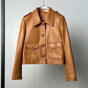Women's Classic Leather Jackets Fashion Turn Down Collar Full Sleeve Biker Jackets Genuine Sheepskin Coats CL4017