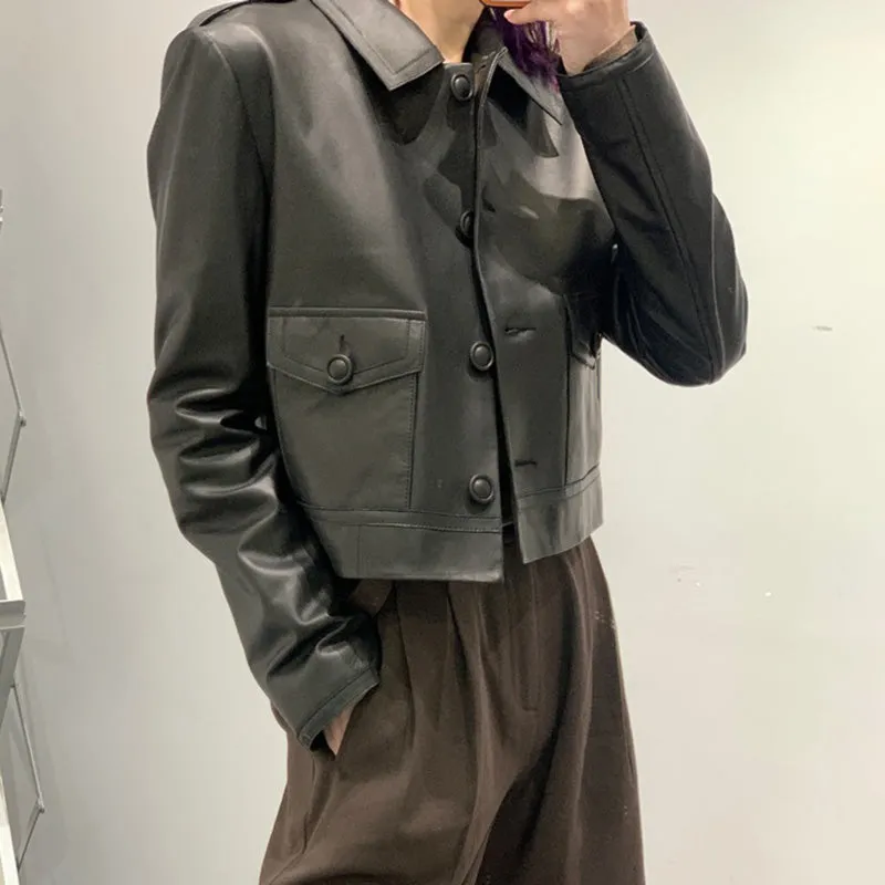Women's Classic Leather Jackets Fashion Turn Down Collar Full Sleeve Biker Jackets Genuine Sheepskin Coats CL4017