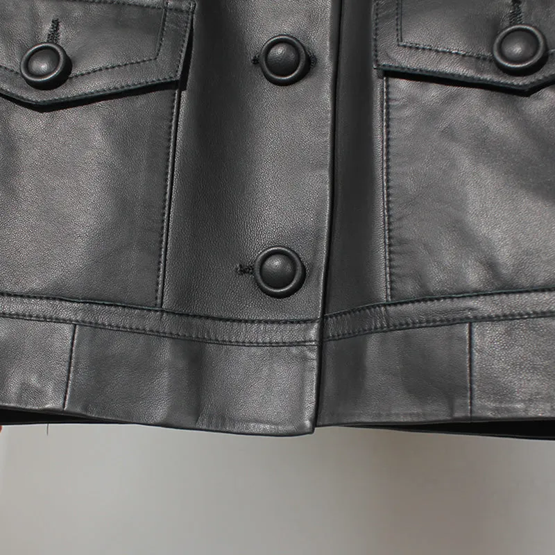 Women's Classic Leather Jackets Fashion Turn Down Collar Full Sleeve Biker Jackets Genuine Sheepskin Coats CL4017