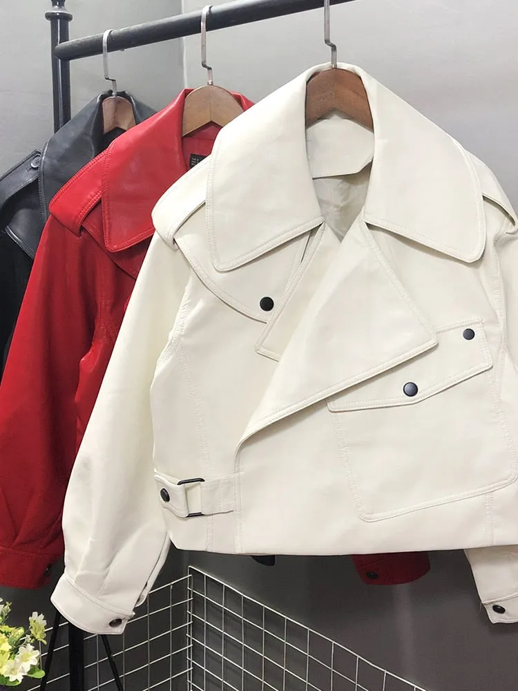 Women's Faux Leather Biker Style Jacket Turndown Collar Loose Streetwear Outerwear