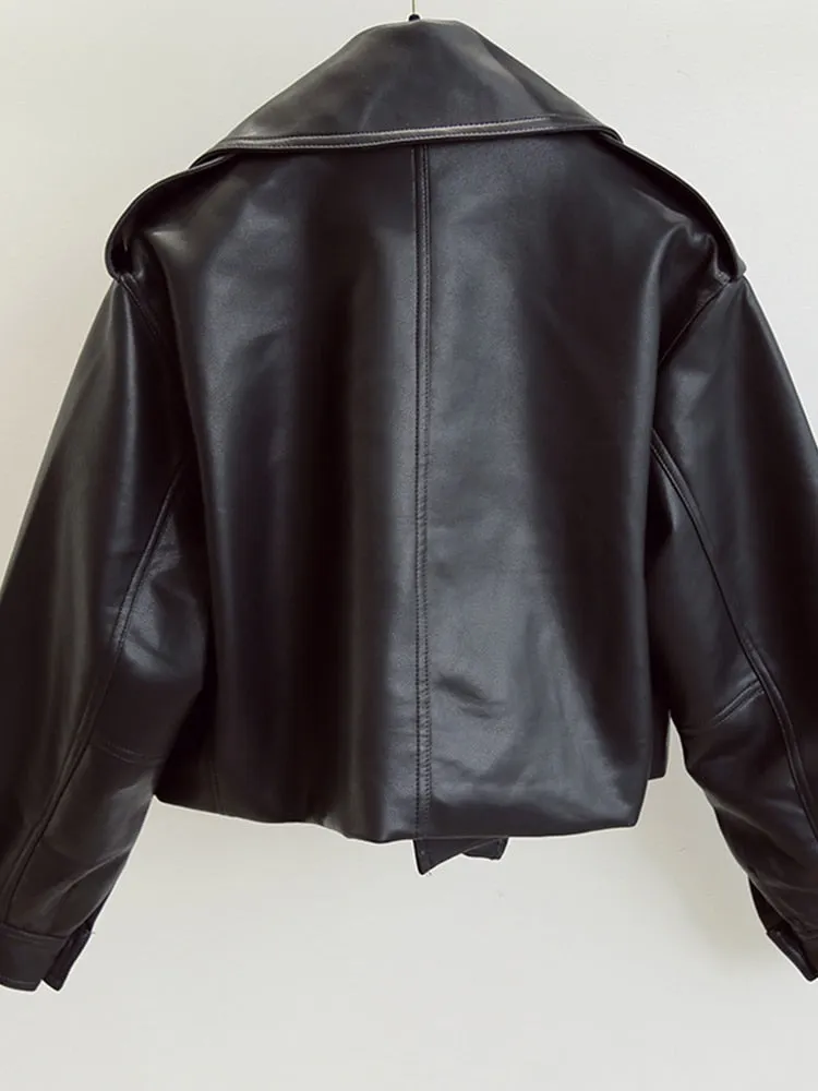 Women's Faux Leather Biker Style Jacket Turndown Collar Loose Streetwear Outerwear