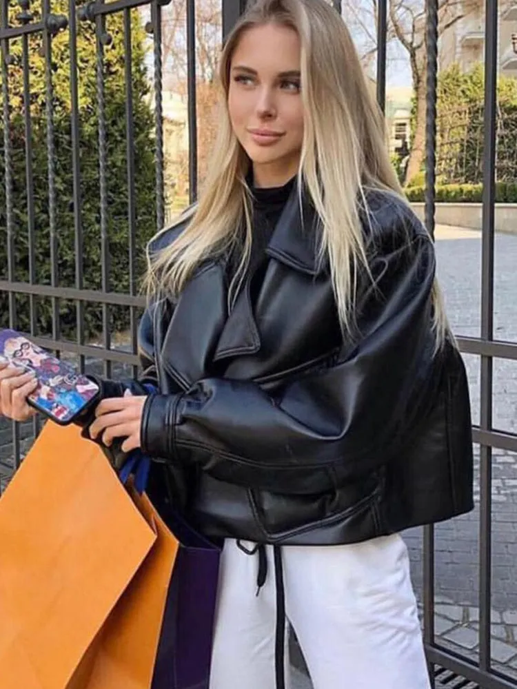 Women's Faux Leather Biker Style Jacket Turndown Collar Loose Streetwear Outerwear