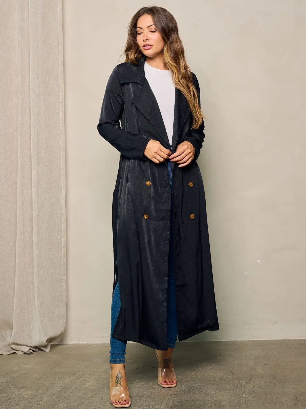 WOMEN'S LONG SLEEVE BUTTON CLUSURE SELF TIE COAT