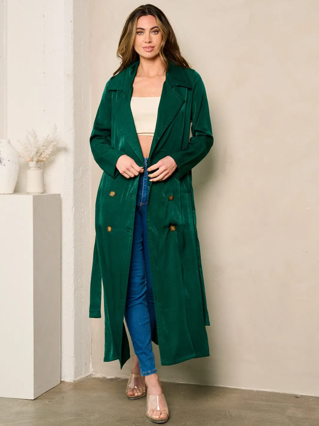 WOMEN'S LONG SLEEVE BUTTON CLUSURE SELF TIE COAT