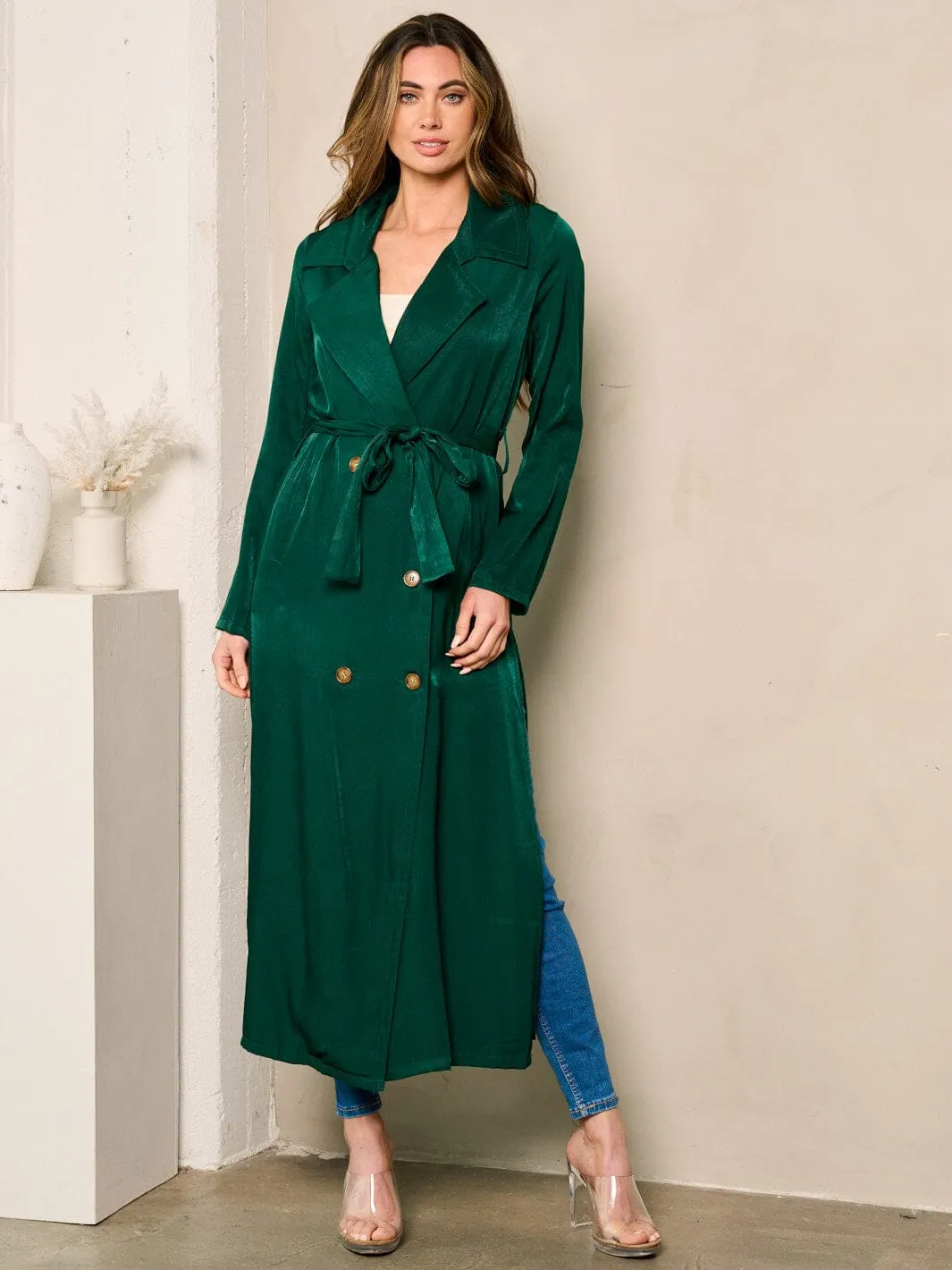 WOMEN'S LONG SLEEVE BUTTON CLUSURE SELF TIE COAT