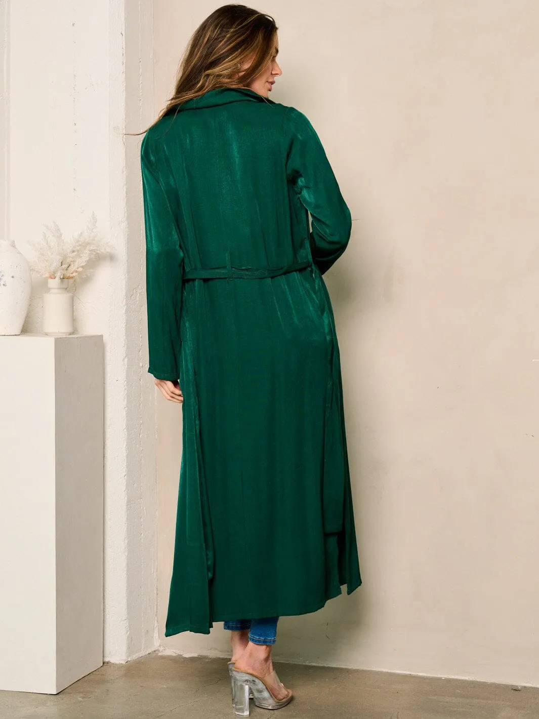 WOMEN'S LONG SLEEVE BUTTON CLUSURE SELF TIE COAT