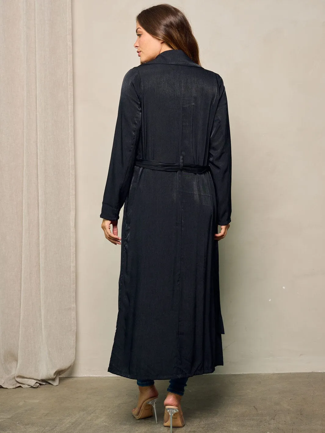WOMEN'S LONG SLEEVE BUTTON CLUSURE SELF TIE COAT
