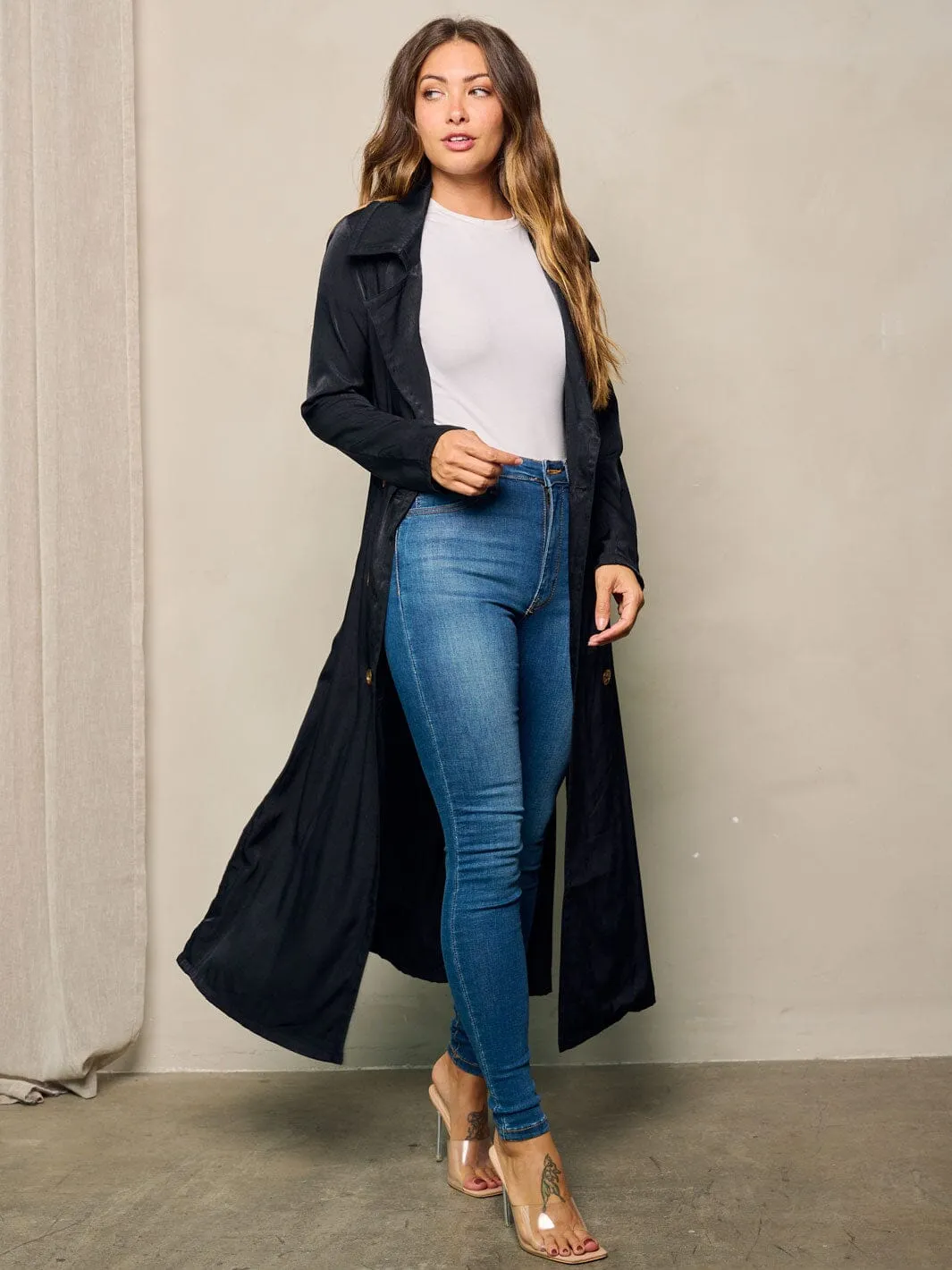 WOMEN'S LONG SLEEVE BUTTON CLUSURE SELF TIE COAT
