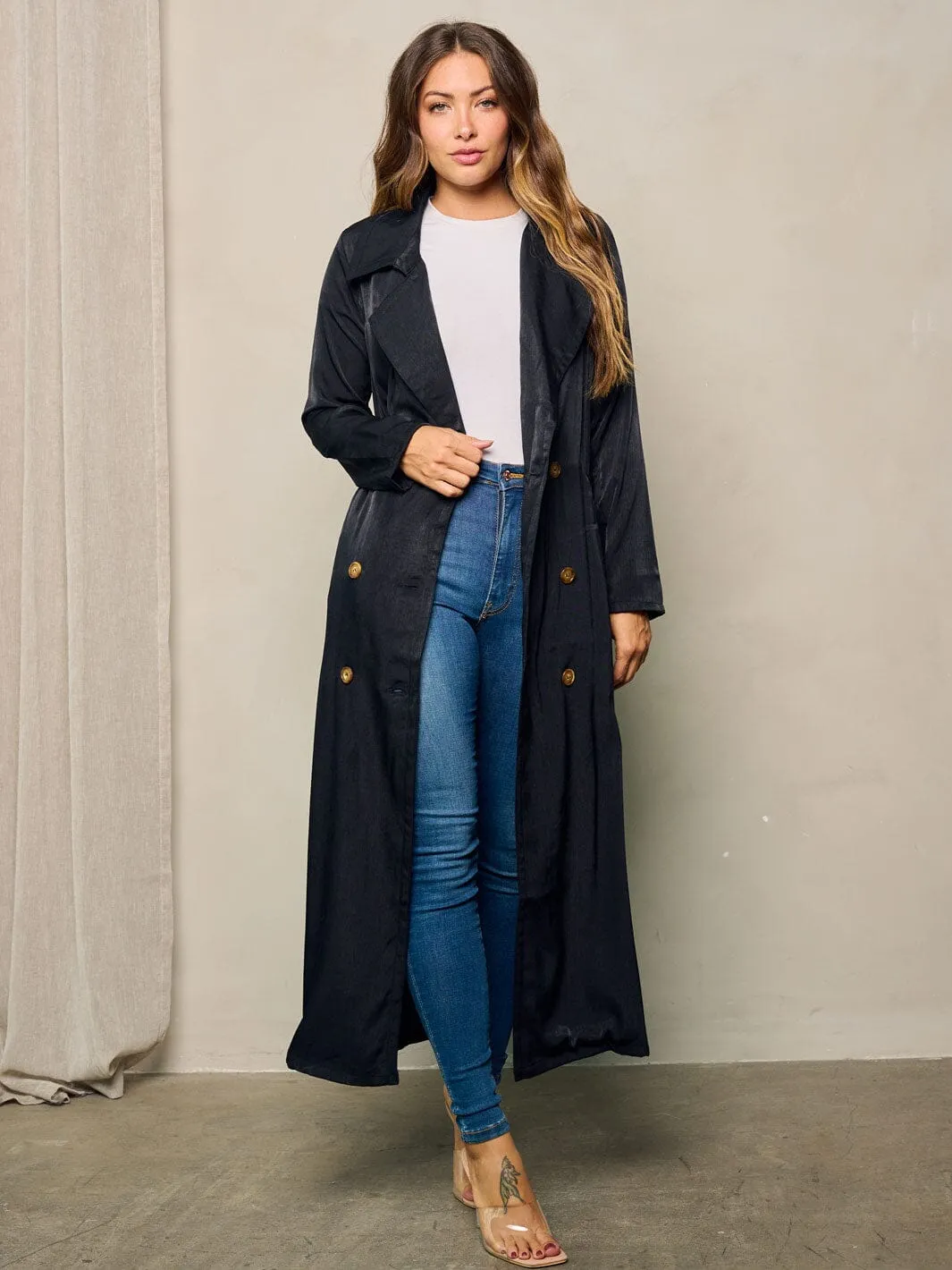 WOMEN'S LONG SLEEVE BUTTON CLUSURE SELF TIE COAT