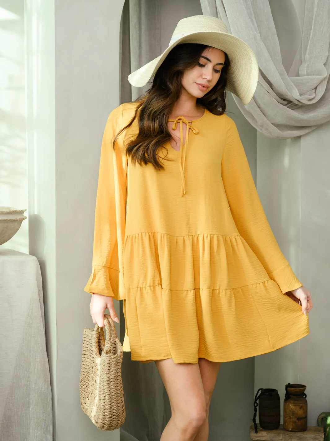 WOMEN'S LONG SLEEVE TIERED MINI DRESS