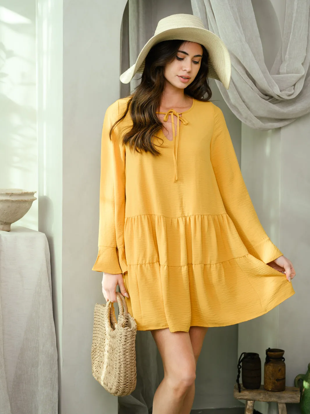 WOMEN'S LONG SLEEVE TIERED MINI DRESS