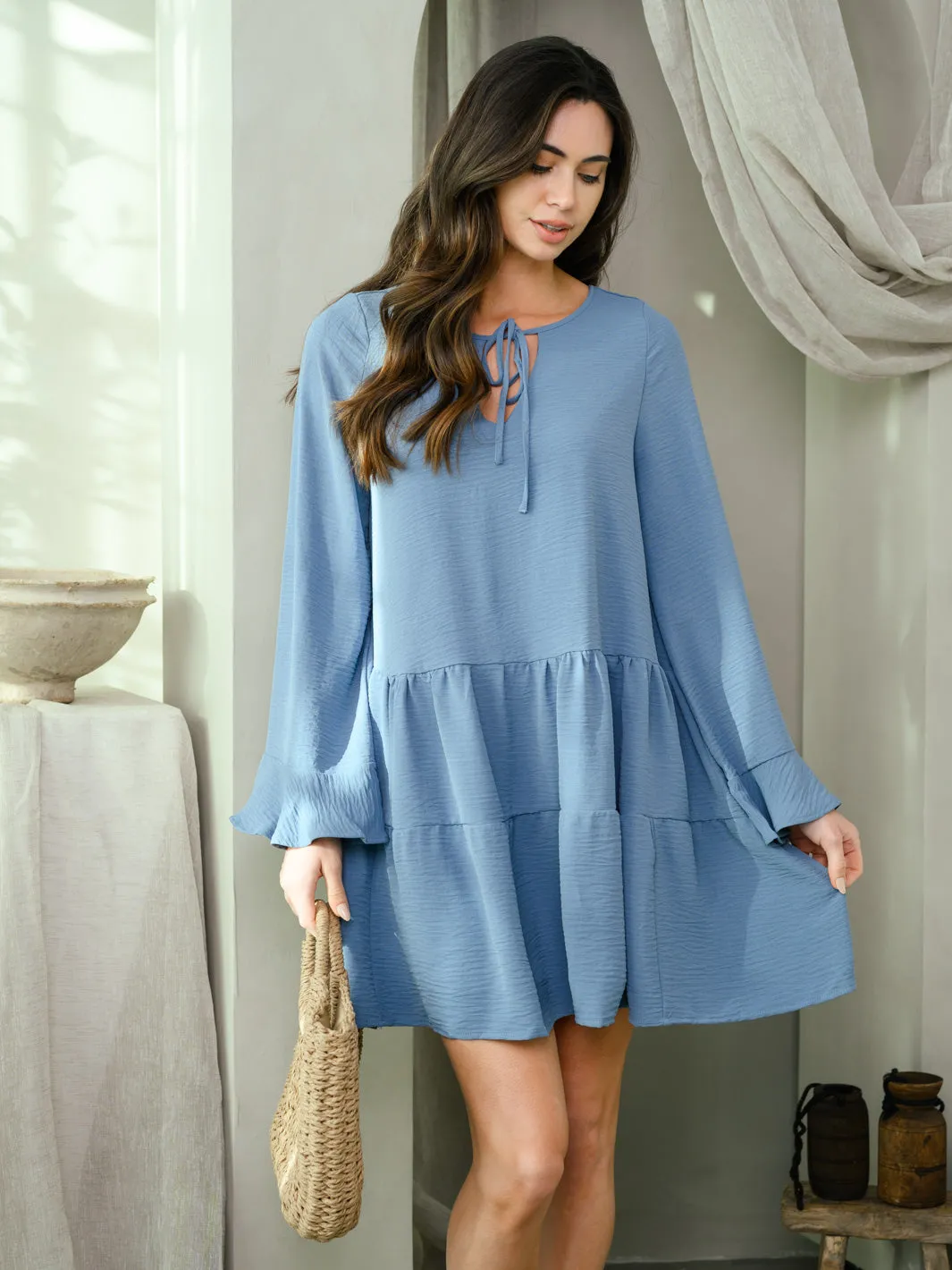 WOMEN'S LONG SLEEVE TIERED MINI DRESS