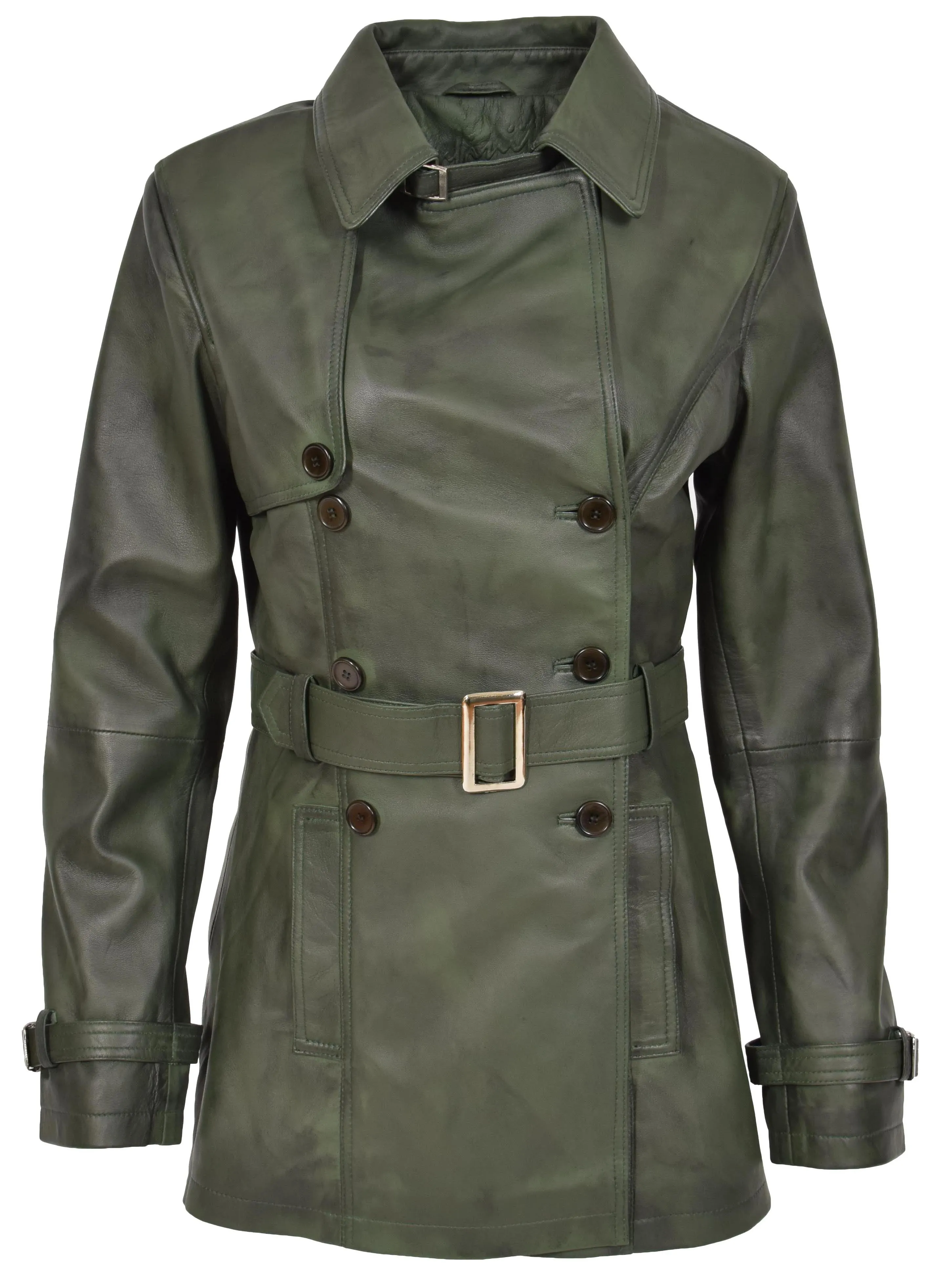 Women's Real Leather Buttoned Coat With Belt Green GlamTrench