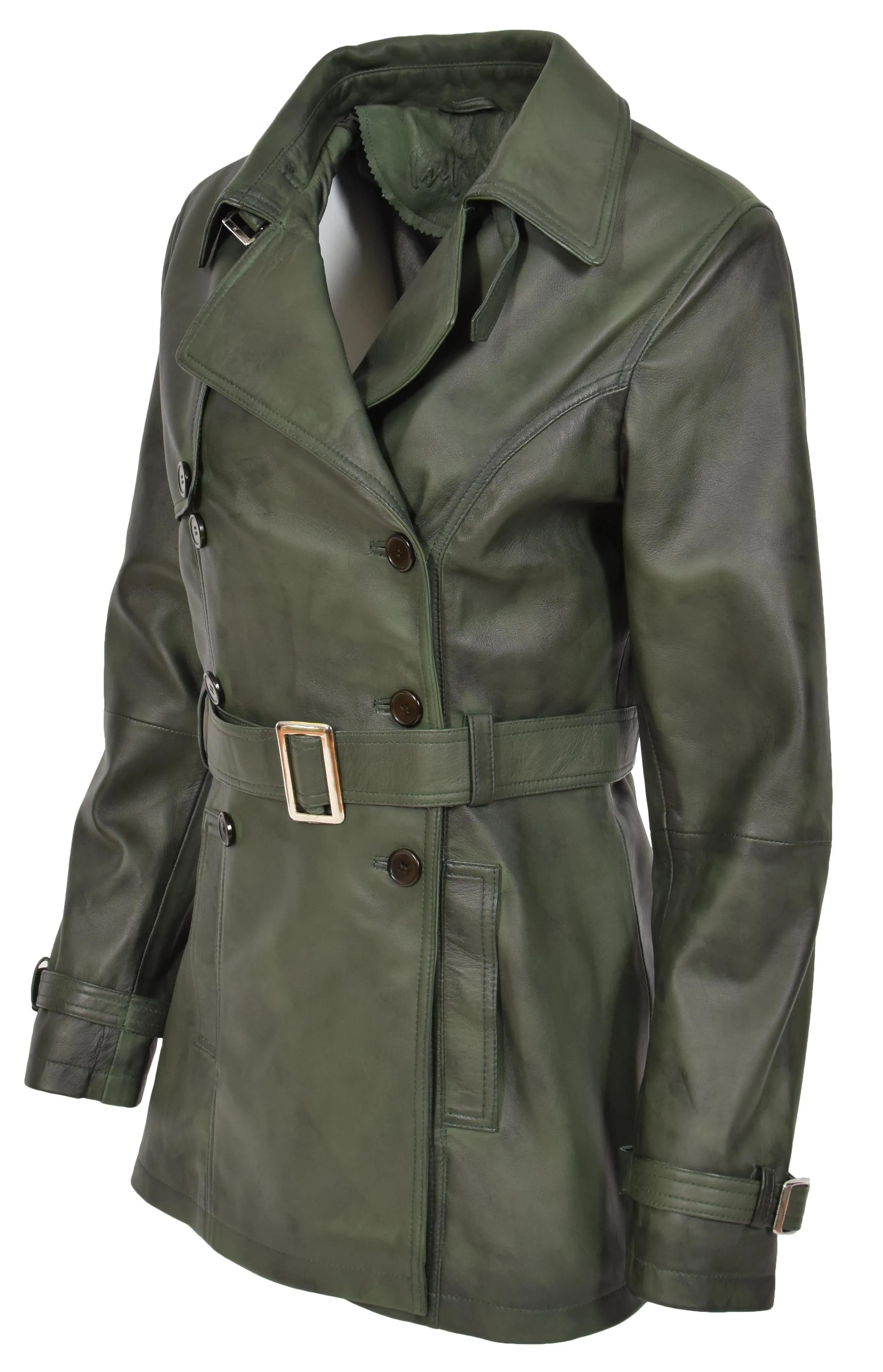 Women's Real Leather Buttoned Coat With Belt Green GlamTrench