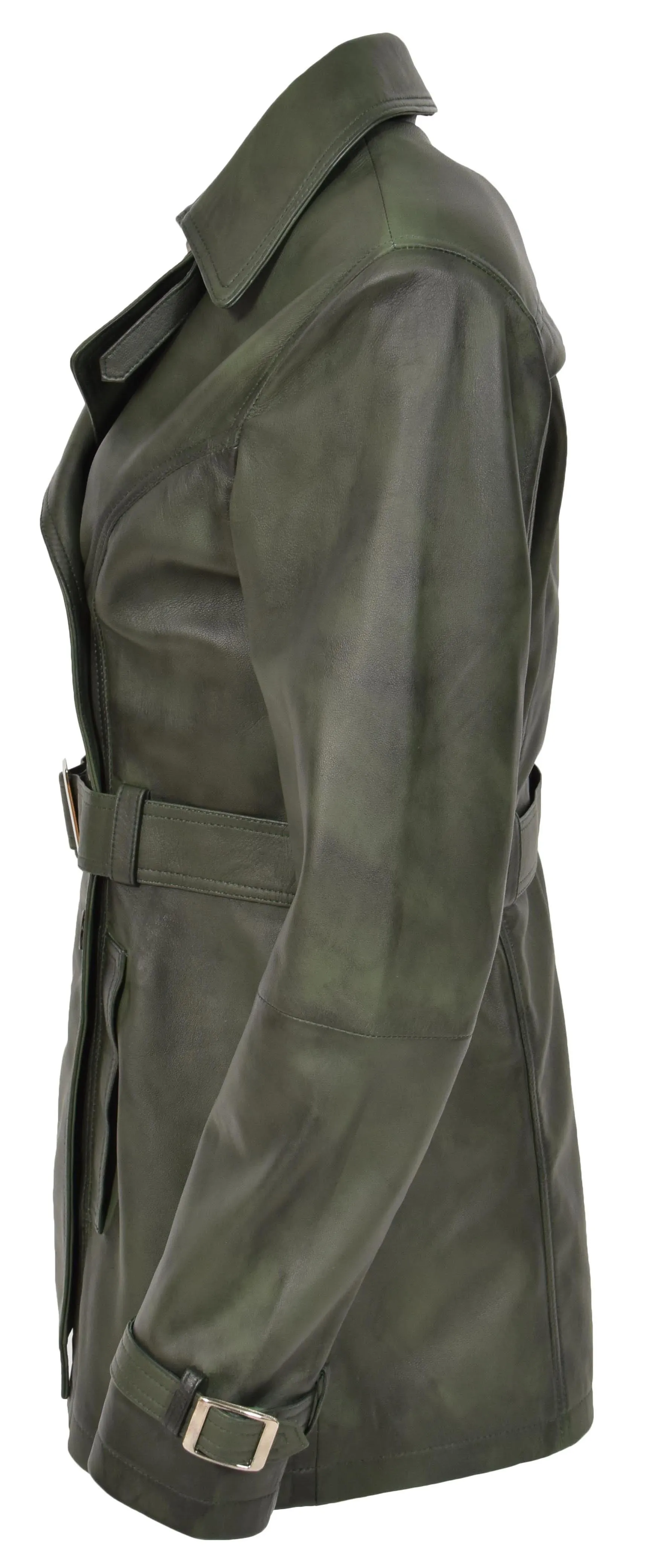 Women's Real Leather Buttoned Coat With Belt Green GlamTrench
