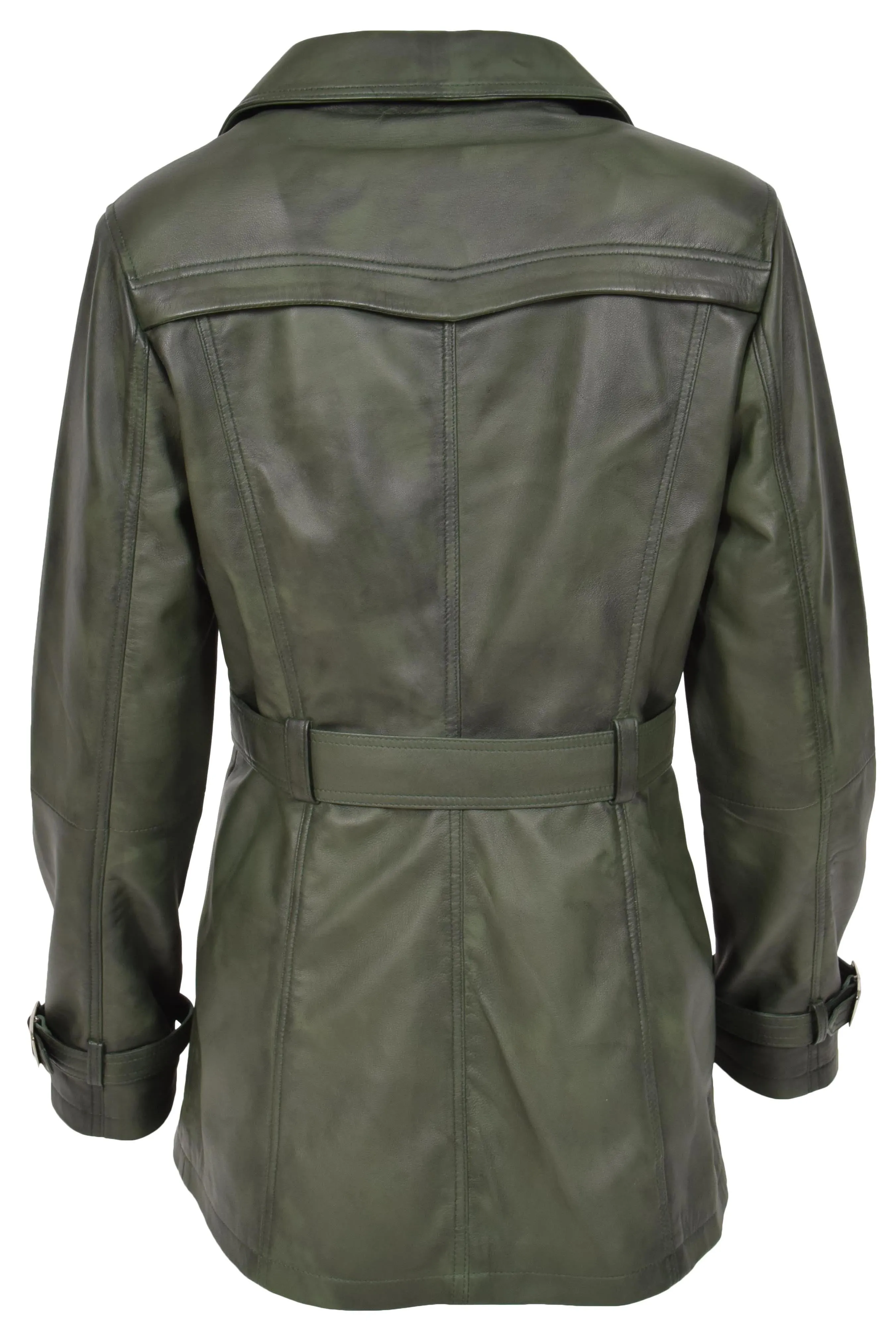 Women's Real Leather Buttoned Coat With Belt Green GlamTrench