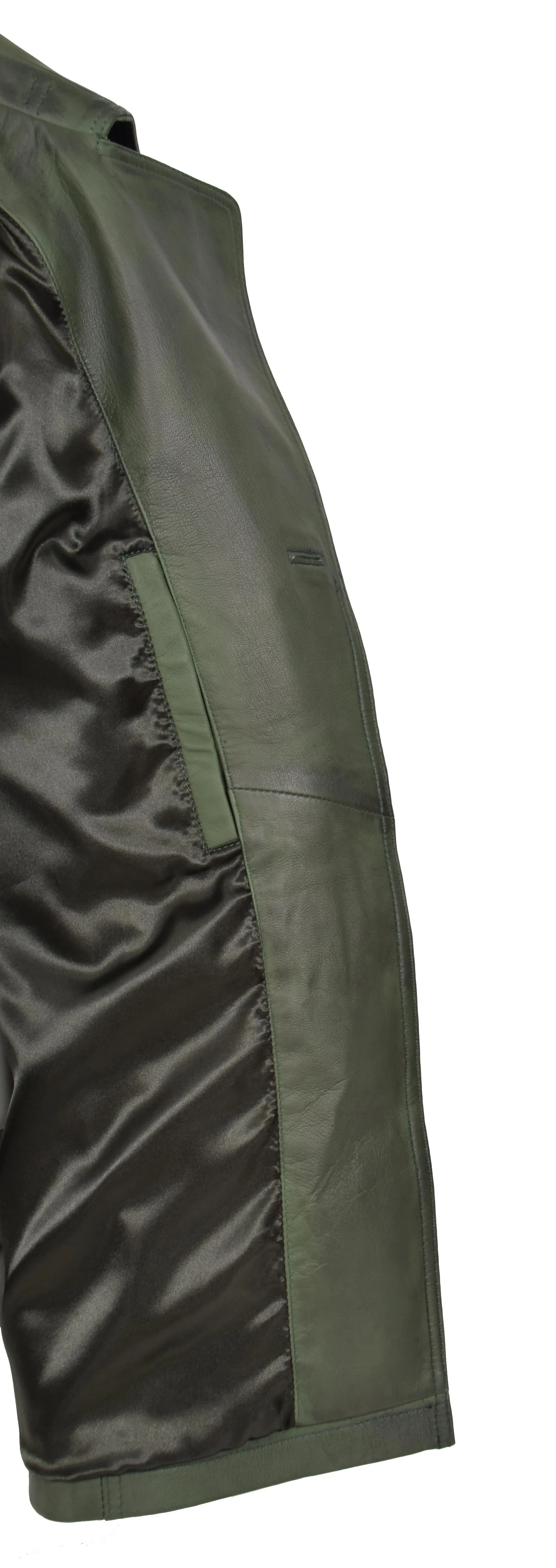 Women's Real Leather Buttoned Coat With Belt Green GlamTrench