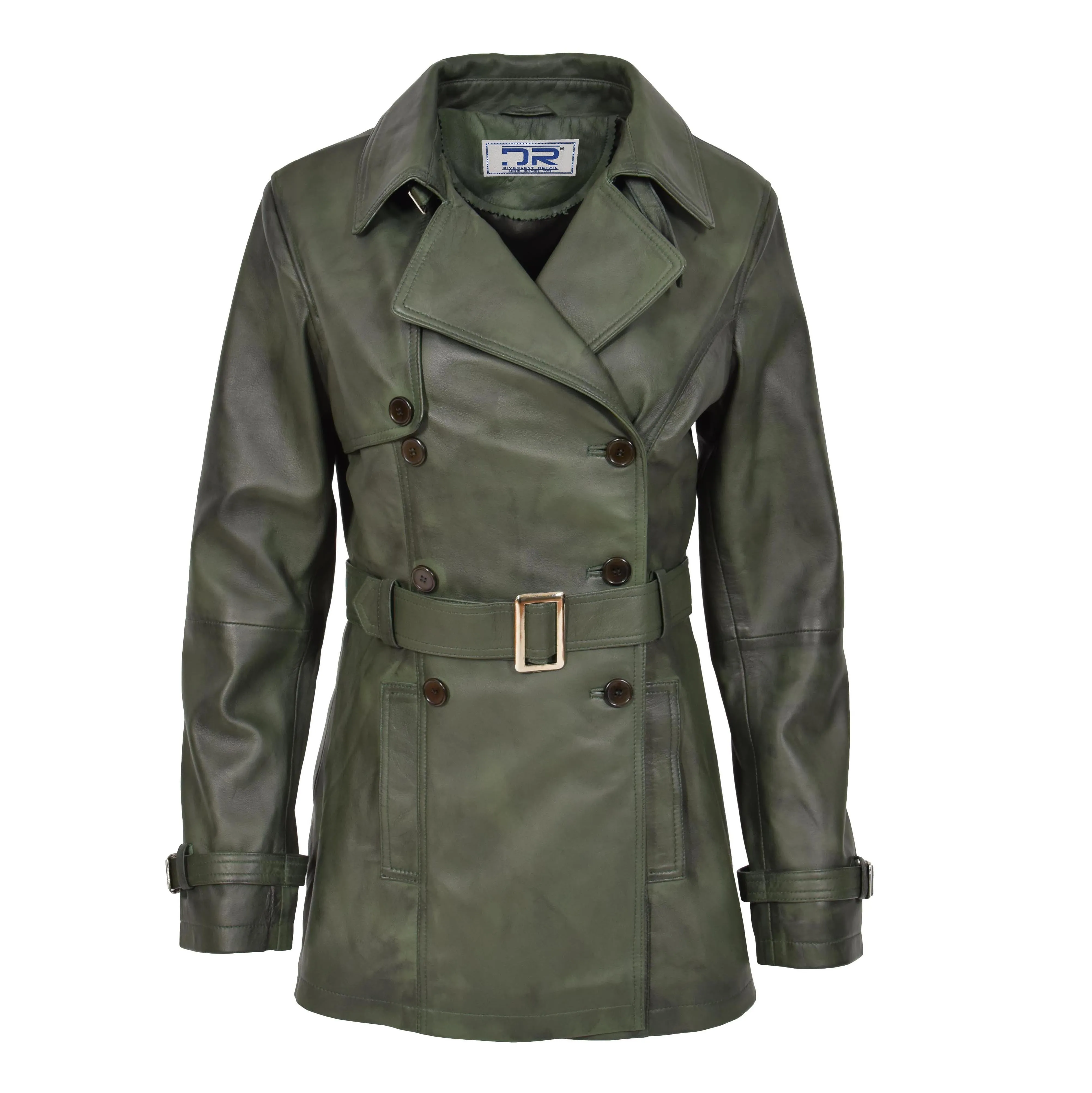 Women's Real Leather Buttoned Coat With Belt Green GlamTrench