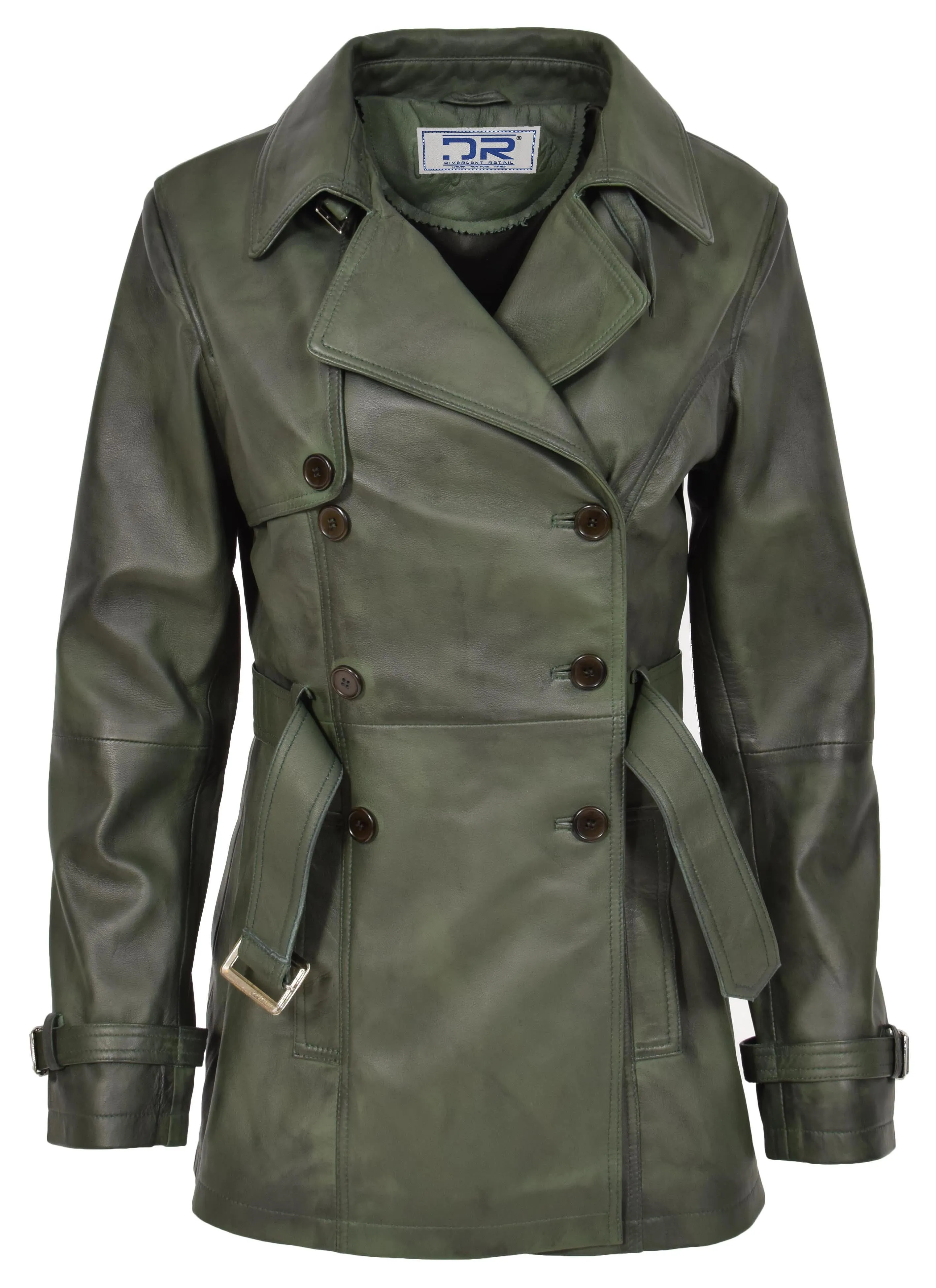 Women's Real Leather Buttoned Coat With Belt Green GlamTrench