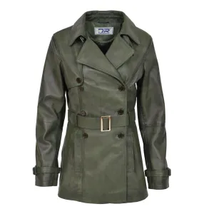 Women's Real Leather Buttoned Coat With Belt Green GlamTrench