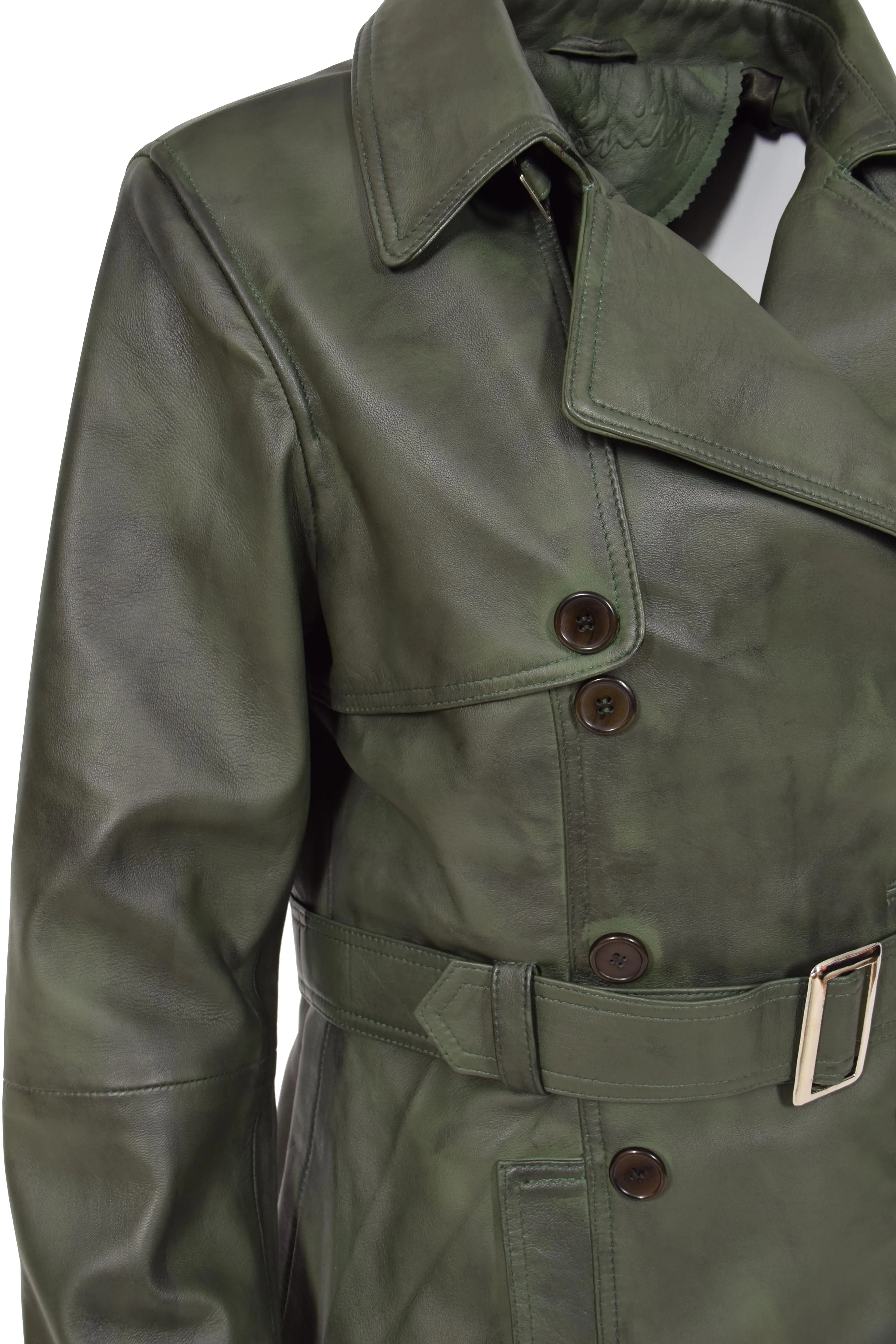 Women's Real Leather Buttoned Coat With Belt Green GlamTrench