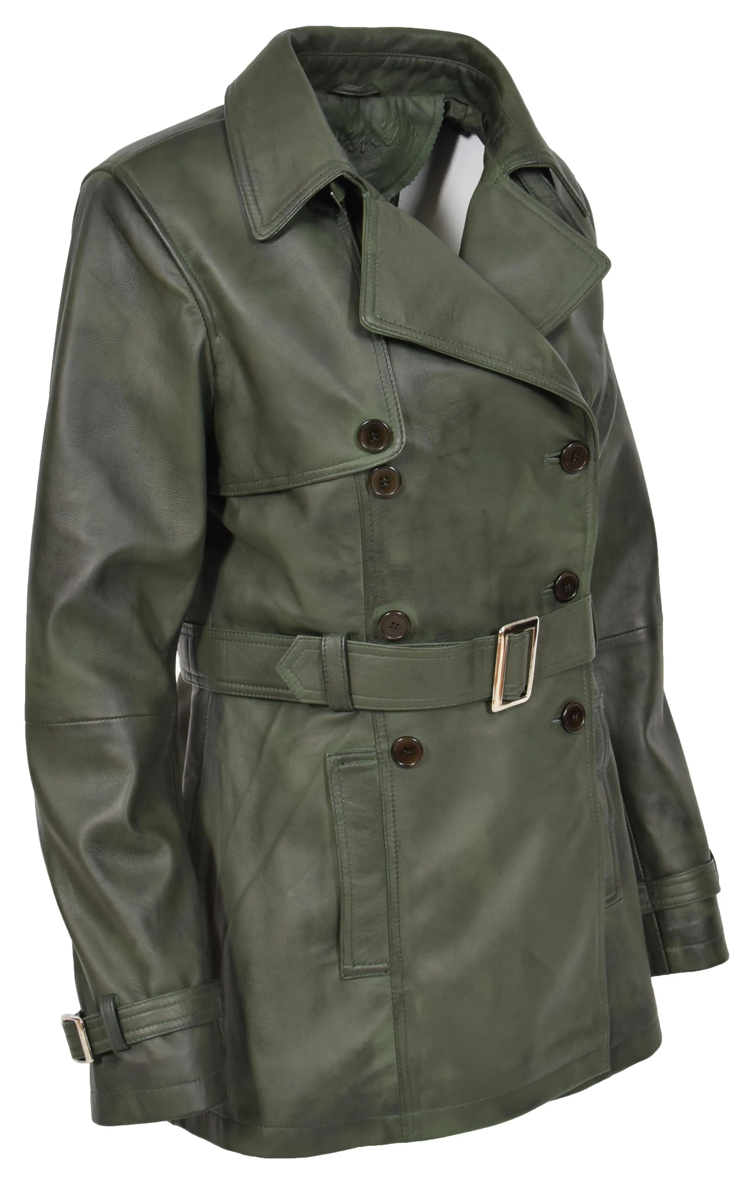 Women's Real Leather Buttoned Coat With Belt Green GlamTrench