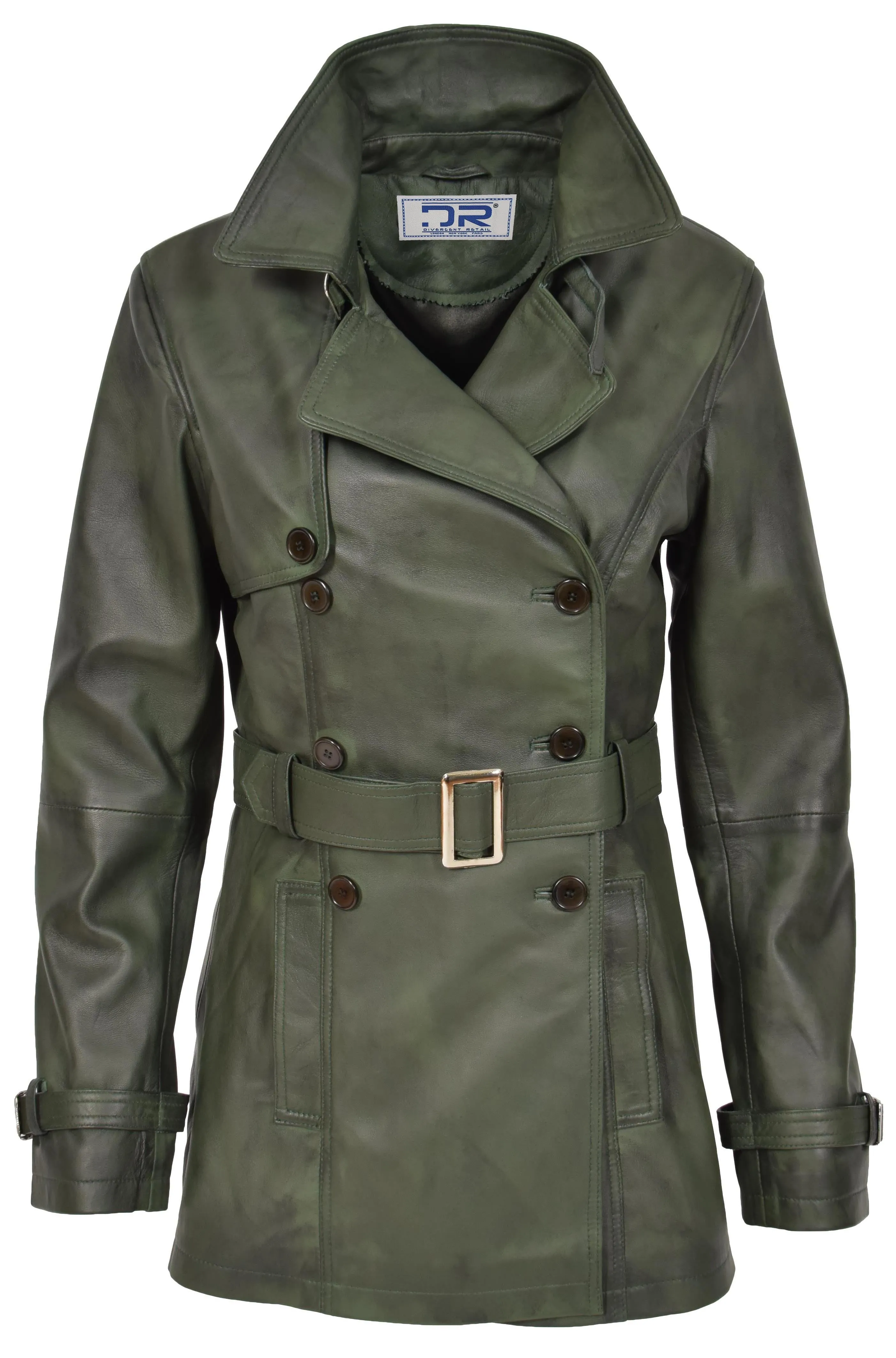 Women's Real Leather Buttoned Coat With Belt Green GlamTrench