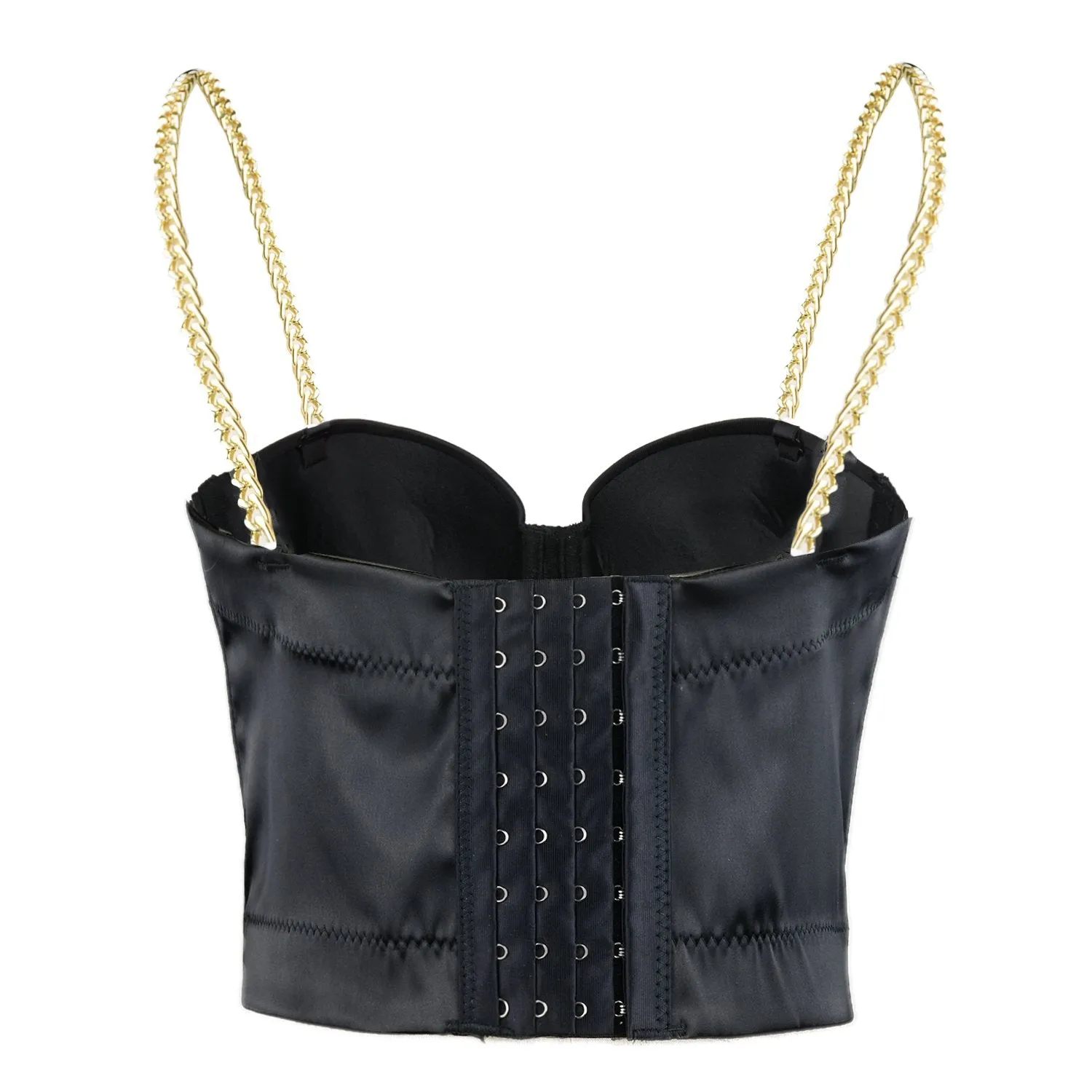 Women's Satin Bustier Crop Top with Gold Chain Shoulder Strap Black