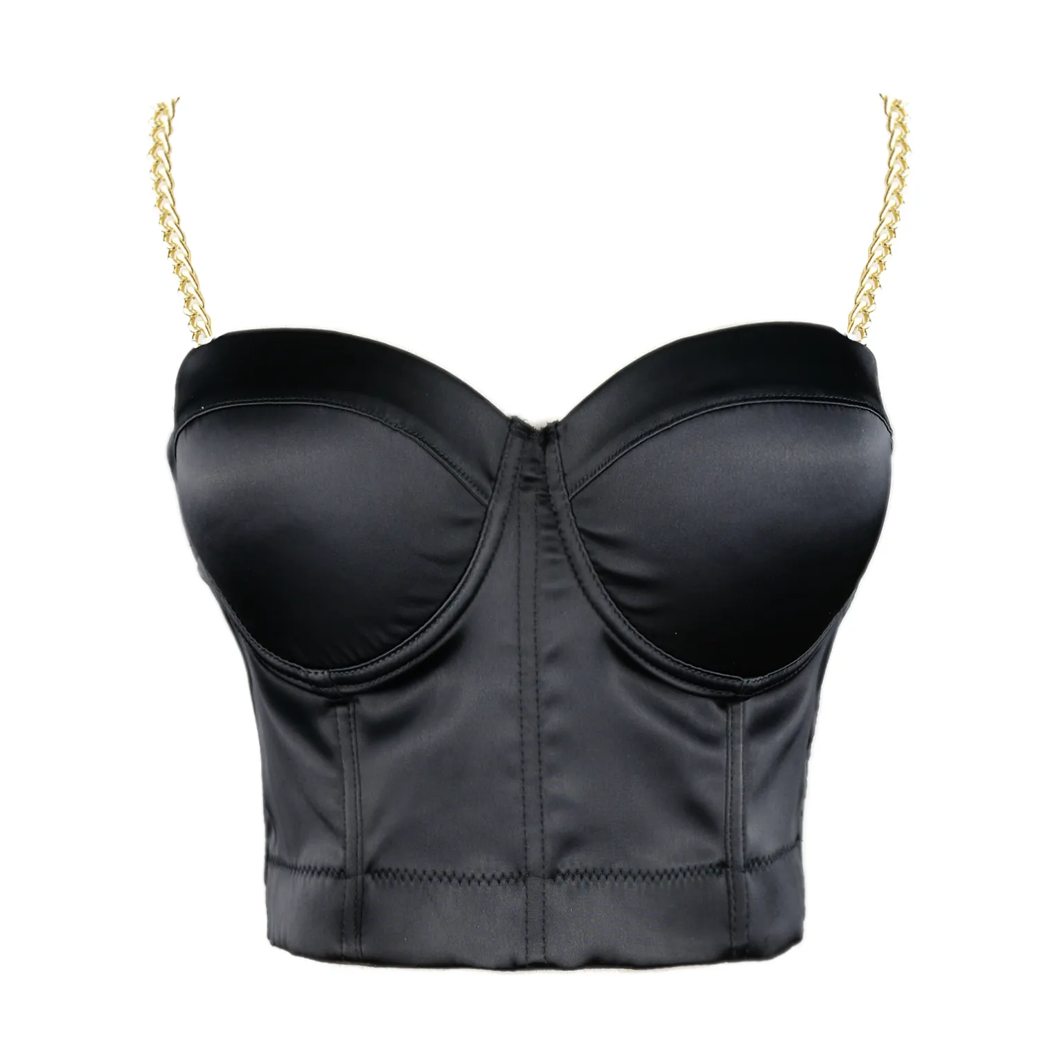 Women's Satin Bustier Crop Top with Gold Chain Shoulder Strap Black