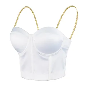 Women's Satin Bustier Crop Top with Gold Chain Shoulder Strap White