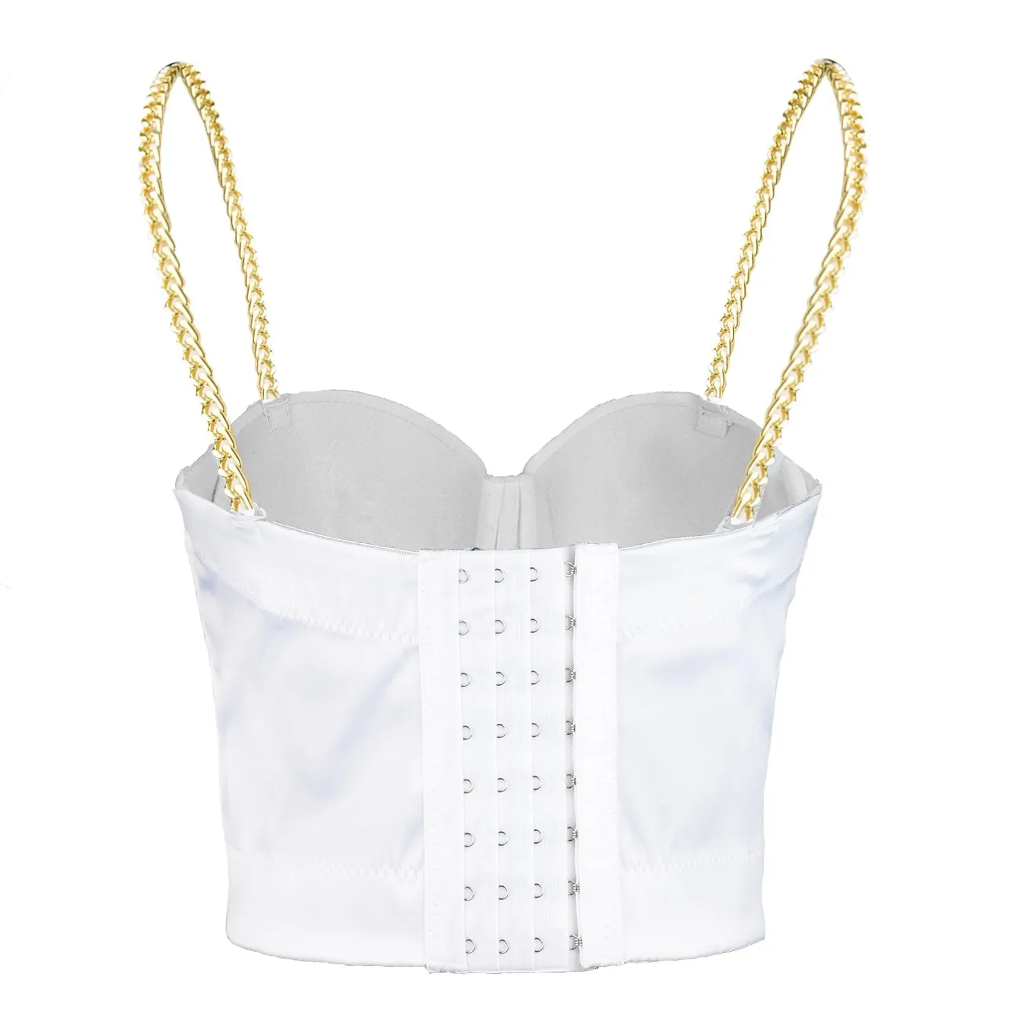Women's Satin Bustier Crop Top with Gold Chain Shoulder Strap White