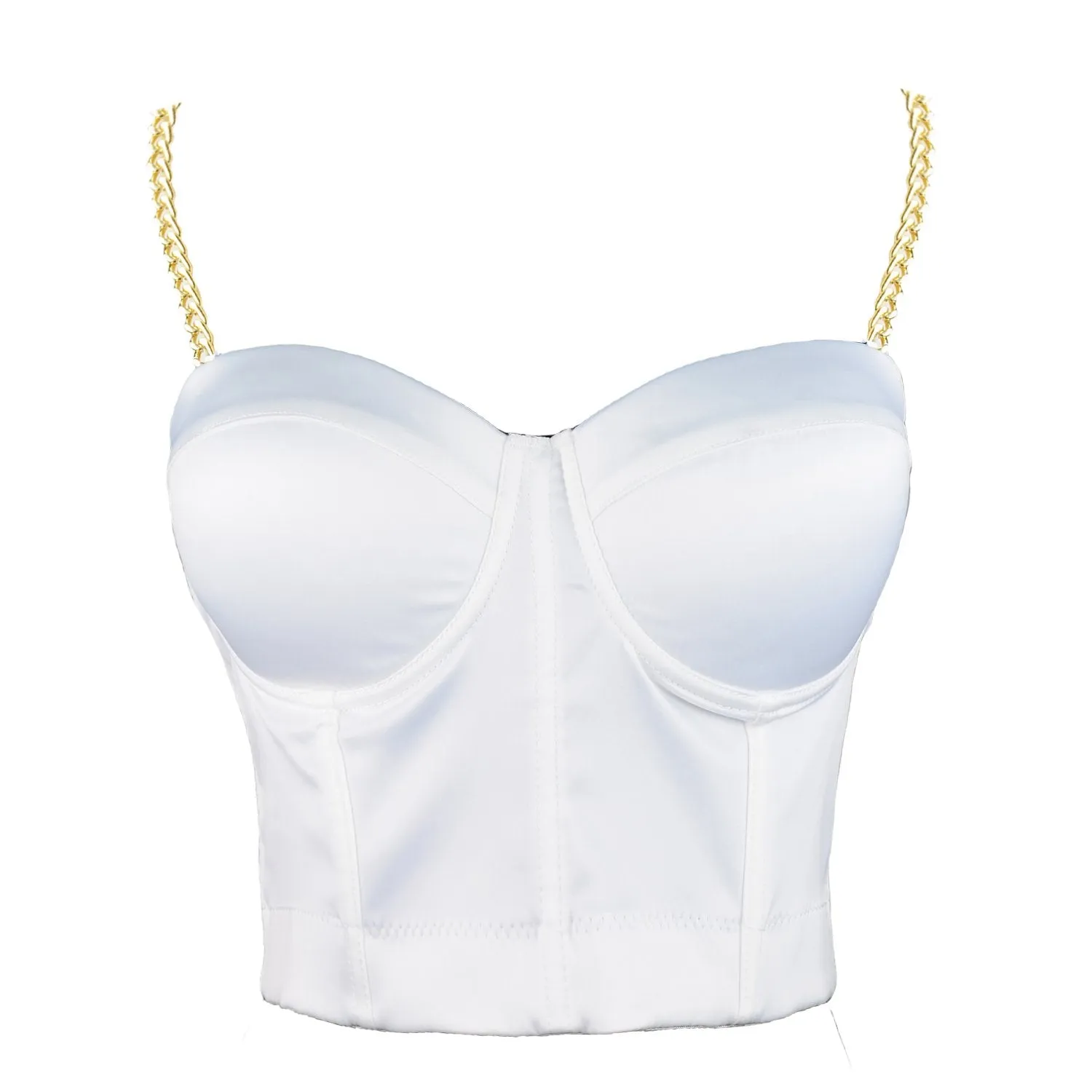 Women's Satin Bustier Crop Top with Gold Chain Shoulder Strap White