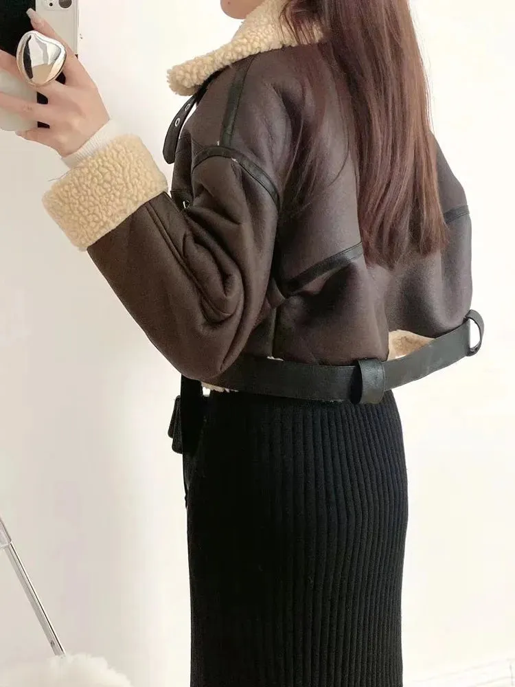 Women's Winter Faux Leather Vegan Fur Short Jacket with Belt Aviator Style Thick Warm Coat