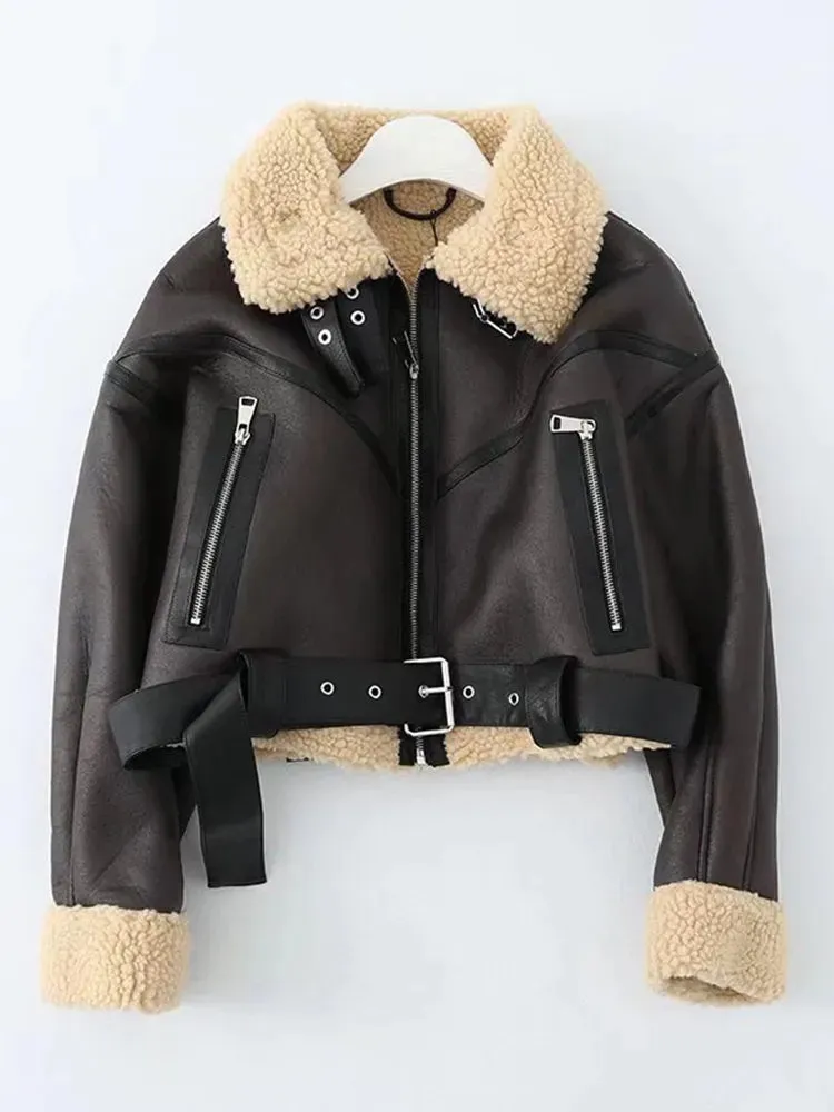 Women's Winter Faux Leather Vegan Fur Short Jacket with Belt Aviator Style Thick Warm Coat