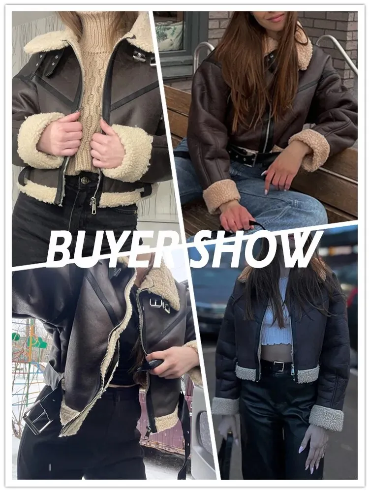 Women's Winter Faux Leather Vegan Fur Short Jacket with Belt Aviator Style Thick Warm Coat