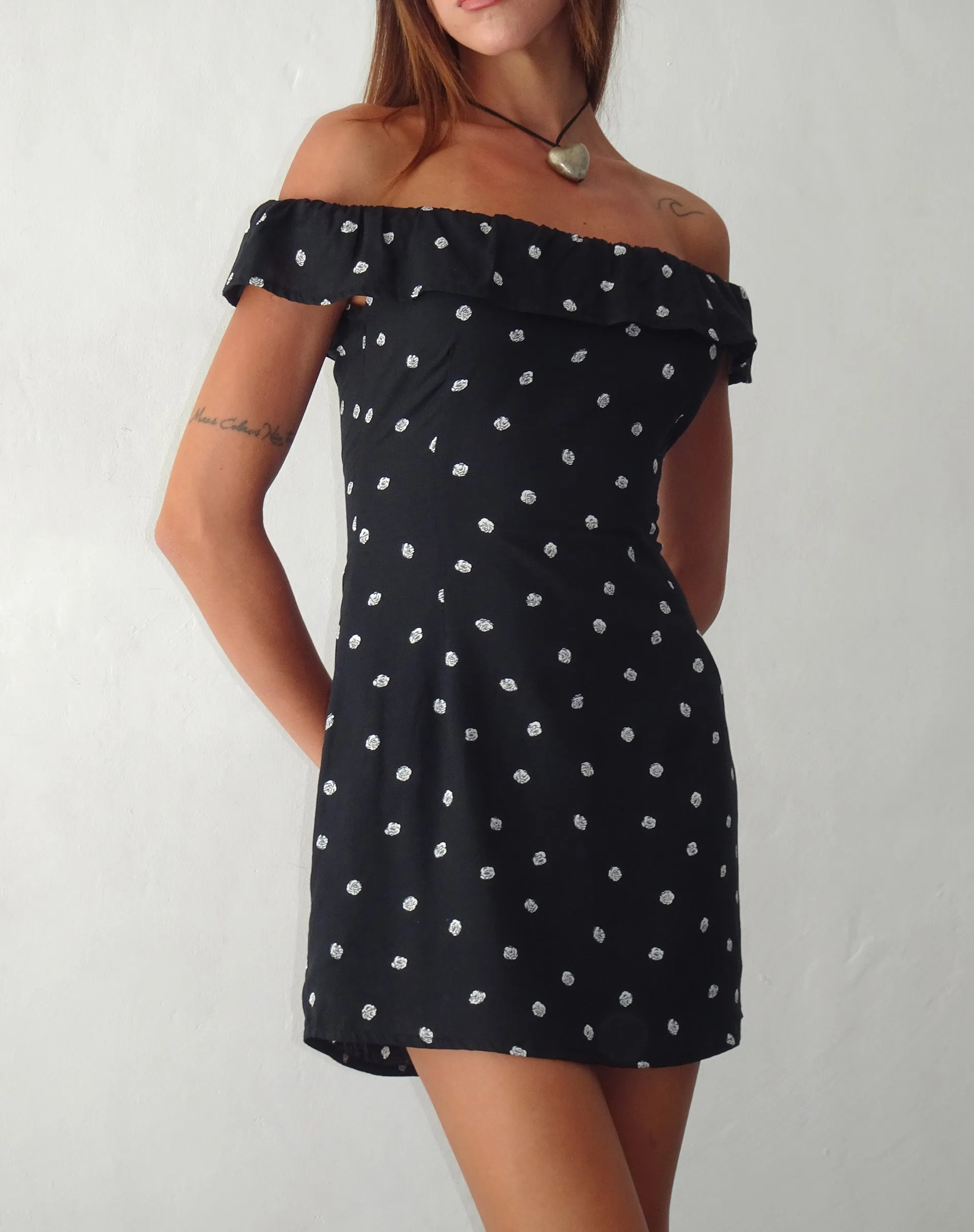 Yudia Bardot Mini Dress in Ditsy Rose Black
