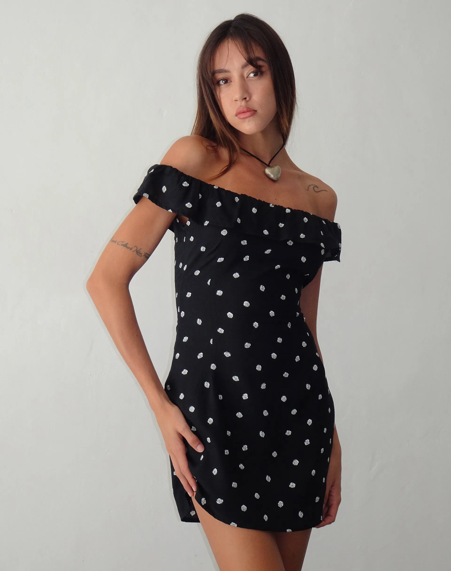 Yudia Bardot Mini Dress in Ditsy Rose Black
