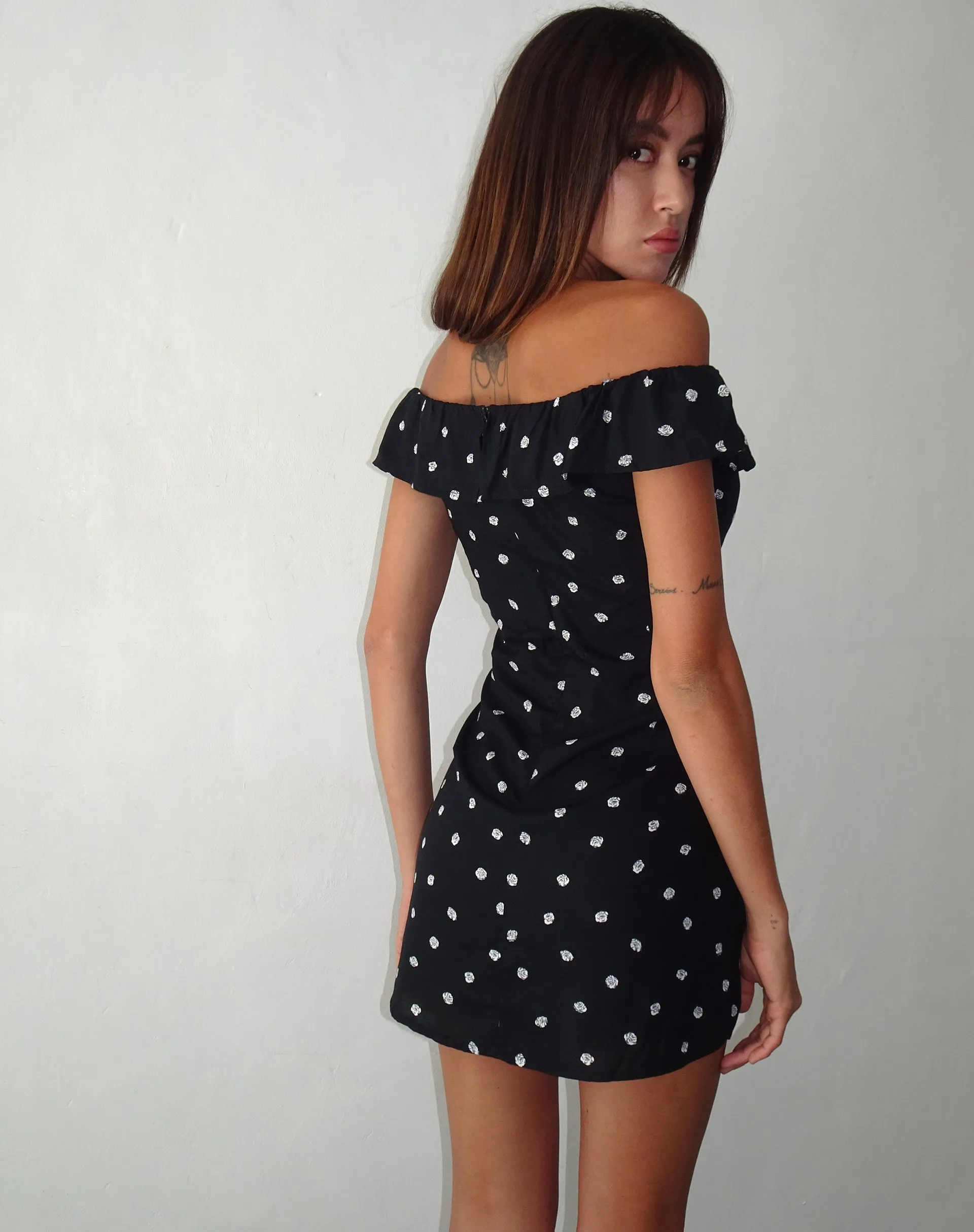 Yudia Bardot Mini Dress in Ditsy Rose Black